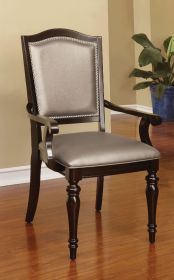 Classic Contemporary Set of 2 Arm Chairs Dark Walnut Pewter Solid wood Chair Padded Leatherette Upholstered Seat Turned Legs Kitchen Dining Room Furni