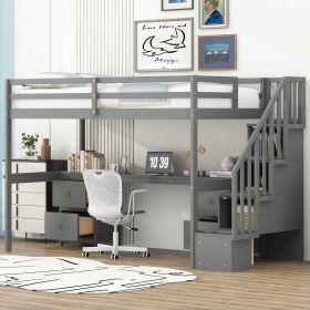 Twin Size Loft Bed Frame with Built-in Desk and Double Storage Drawers,Gray