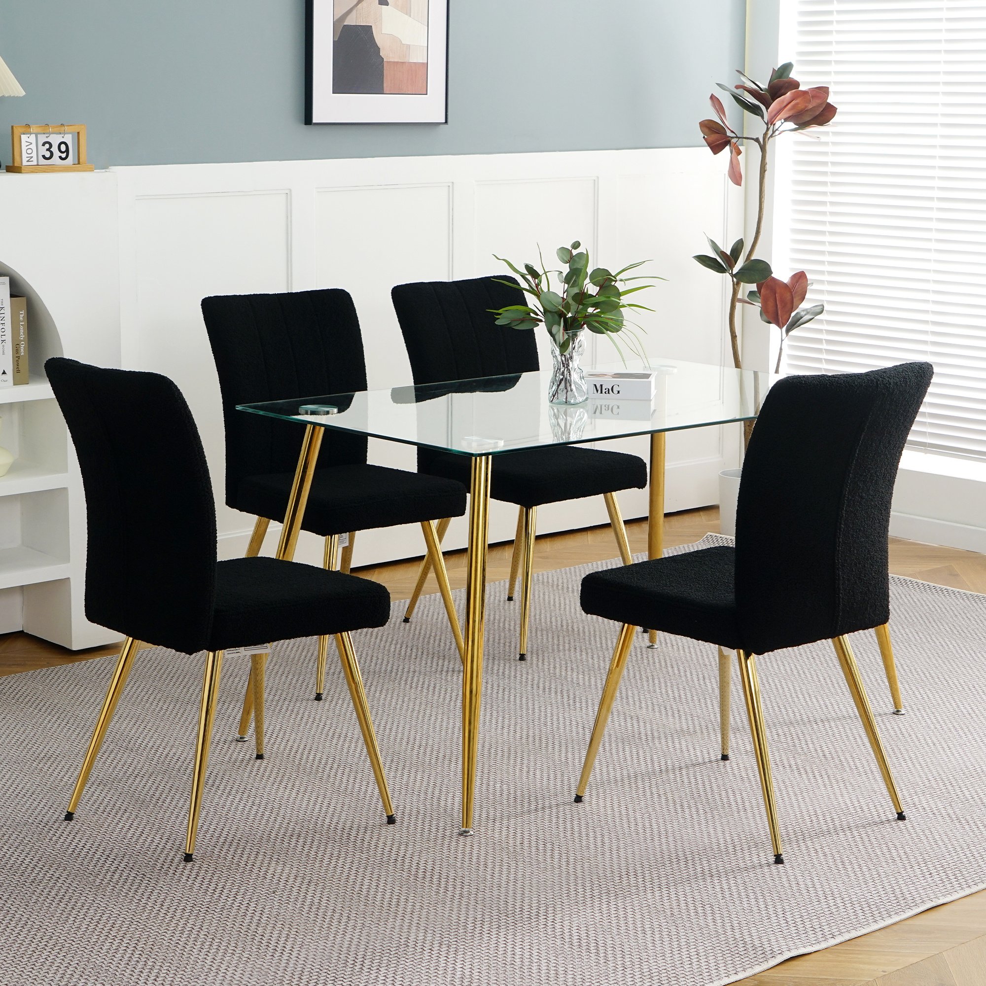 Modern Black teddy wool dining chair, upholstered chair with fabric accent side chair with gold-plated metal legs for family furniture living room Modern Black teddy wool dining chair, upholstered chair with fabric accent side chair with gold-plated metal legs for family furniture living room