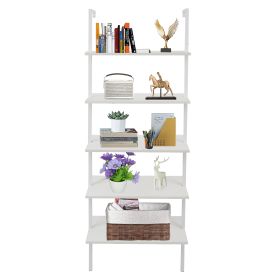 5-Shelf Wood Ladder Bookcase with Metal Frame, Industrial 5-Tier Modern Ladder Shelf Wood Shelves,White