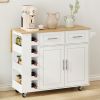 Multi-Functional Kitchen Island Cart with 2 Door Cabinet and Two Drawers,Spice Rack, Towel Holder, Wine Rack, and Foldable Rubberwood Table Top (White