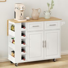 Multi-Functional Kitchen Island Cart with 2 Door Cabinet and Two Drawers,Spice Rack, Towel Holder, Wine Rack, and Foldable Rubberwood Table Top (White