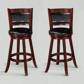 2Pc Beautiful Elegant Upholstered Swivel Chair Stool Rich Black Faux Leather Upholstery Padded Back Kitchen Cherry Finish