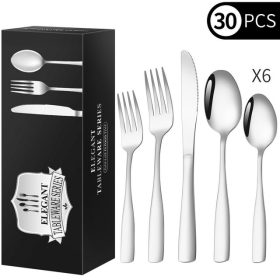 30 Piece Silverware Set for 6, TINANA Stainless Steel Flatware Set,Mirror Polished Cutlery Utensil Set,Durable Home Kitchen Eating Tableware Set, Fork