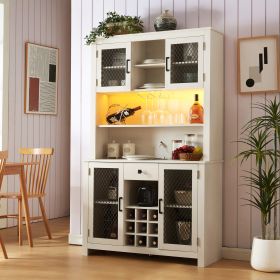 Farmhouse Coffee Bar Cabinet with LED Lights and Outlets with Wine Bottle Rack, 70" Rustic Buffet Cabinet with Wine Bottle and Wine Glass Rack, 1 Draw