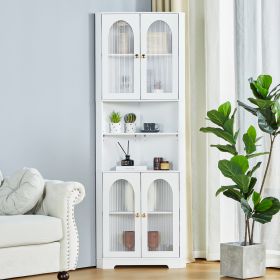 White Tall Corner Cabinet with Glass Doors & Led, 70.86" Tall Bathroom Storage Cabinet with 4 Doors and 6 Shelves, Linen Tower Corner Storage Cabinet