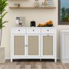 Tilt Out Trash Cabinet, Rattan Kitchen Trash Can Cabinet with 3 Drawers and 2 Doors, Wooden Freestanding Storage Cabinet with Adjustable Shelf for Kit