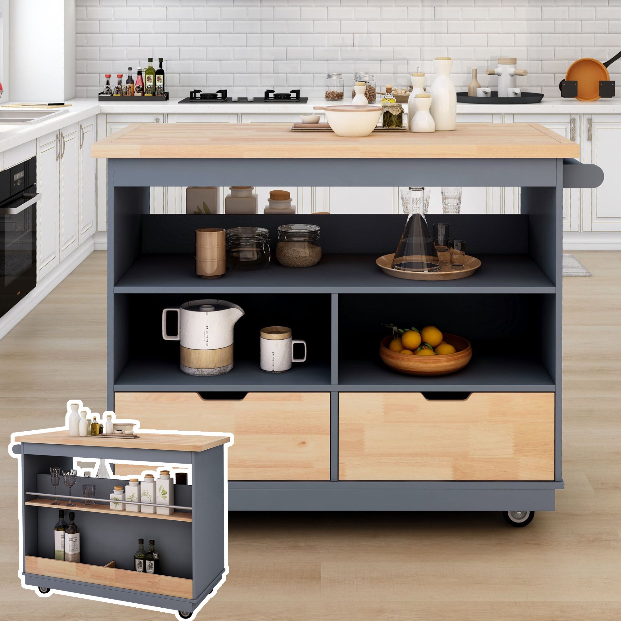 Rolling Kitchen Island with Storage, Two-sided Kitchen island Cart on Wheels with Wood Top, Wine and Spice Rack, Large Kitchen Cart with 2 Drawers, 3 Rolling Kitchen Island with Storage, Two-sided Kitchen island Cart on Wheels with Wood Top, Wine and Spice Rack, Large Kitchen Cart with 2 Drawers, 3