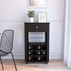 39" H black bar- coffee cart, Kitchen or living room cabinet storage, with 12 bottle racks, a central shelf with 1 Cup holders, 1 drawer ideal for sto