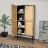 59'' Tall Rustic Farmhouse Storage Cabinet with Shelf Wide Countertop Wooden Bedroom Living Room Kitchen Furniture with Rattan Design Nature Color