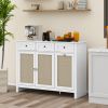 Tilt Out Trash Cabinet, Rattan Kitchen Trash Can Cabinet with 3 Drawers and 2 Doors, Wooden Freestanding Storage Cabinet with Adjustable Shelf for Kit