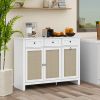 Tilt Out Trash Cabinet, Rattan Kitchen Trash Can Cabinet with 3 Drawers and 2 Doors, Wooden Freestanding Storage Cabinet with Adjustable Shelf for Kit