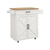 Kitchen island rolling trolley cart with Adjustable Shelves & towel rack & seasoning rack rubber wood table top-White