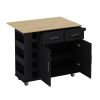 Multi-Functional Kitchen Island Cart with 2 Door Cabinet and Two Drawers,Spice Rack, Towel Holder, Wine Rack, and Foldable Rubberwood Table Top (Black