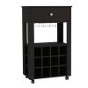 39" H black bar- coffee cart, Kitchen or living room cabinet storage, with 12 bottle racks, a central shelf with 1 Cup holders, 1 drawer ideal for sto