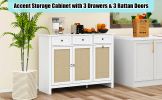 Tilt Out Trash Cabinet, Rattan Kitchen Trash Can Cabinet with 3 Drawers and 2 Doors, Wooden Freestanding Storage Cabinet with Adjustable Shelf for Kit