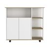 Paprika Kitchen Cart; Four Casters ; Four Open Shelves; Double Door Cabinet -Light Oak / White