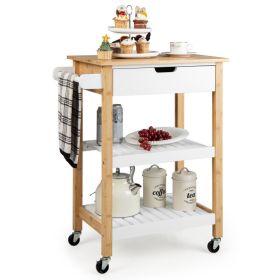 3-Tier Kitchen Island Cart Rolling Service Trolley with Bamboo Top (Color: Natural)