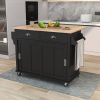 Kitchen Cart with Rubber wood Drop-Leaf Countertop, Concealed sliding barn door adjustable height,Kitchen Island on 4 Wheels with Storage Cabinet and