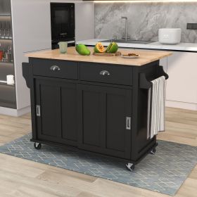 Kitchen Cart with Rubber wood Drop-Leaf Countertop, Concealed sliding barn door adjustable height,Kitchen Island on 4 Wheels with Storage Cabinet and (Color: as Pic)