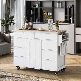 K&K Store Kitchen Cart with Rubber Wood Countertop , Kitchen Island has 8 Handle-Free Drawers Including a Flatware Organizer and 5 Wheels for Kitchen (Color: as Pic)