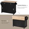 Kitchen Cart with Rubber wood Drop-Leaf Countertop, Concealed sliding barn door adjustable height,Kitchen Island on 4 Wheels with Storage Cabinet and