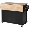 Kitchen Cart with Rubber wood Drop-Leaf Countertop, Concealed sliding barn door adjustable height,Kitchen Island on 4 Wheels with Storage Cabinet and