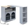 K&K Rolling Kitchen Island With Extended Table, Kitchen Island on Wheels with LED Lights,Power Outlets and 2 Fluted Glass Doors, Kitchen Island with a