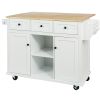 Kitchen Cart with Rubber wood Drop-Leaf Countertop ,Cabinet door internal storage racks,Kitchen Island on 5 Wheels with Storage Cabinet and 3 Drawers