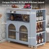 K&K Rolling Kitchen Island With Extended Table, Kitchen Island on Wheels with LED Lights,Power Outlets and 2 Fluted Glass Doors, Kitchen Island with a